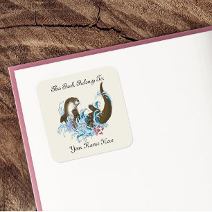 Playful Blue Whimsical River Otter Bookplate Square Sticker
