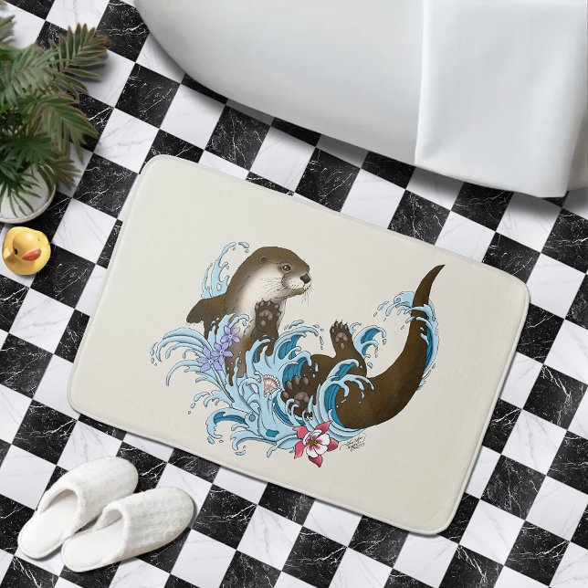 Playful Blue Whimsical River Otter Splash Cute Bath Mat (Creator Uploaded)