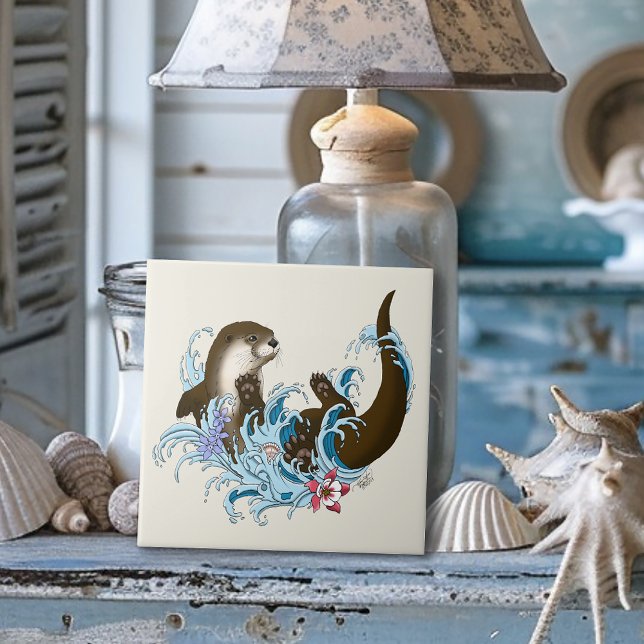 Playful Blue Whimsical River Otter Splash Cute Ceramic Tile (Creator Uploaded)