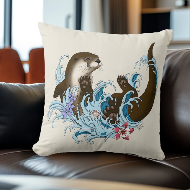 Playful Blue Whimsical River Otter Splash Cute Cushion (Creator Uploaded)