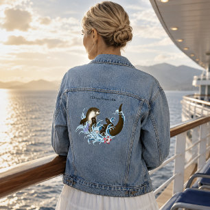 Playful Blue Whimsical River Otter Splash Cute Denim Jacket