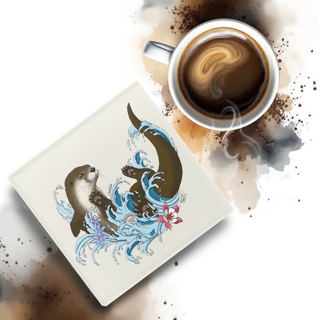 Playful Blue Whimsical River Otter Splash Cute Glass Coaster (Creator Uploaded)