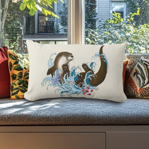 Playful Blue Whimsical River Otter Splash Cute Lumbar Cushion
