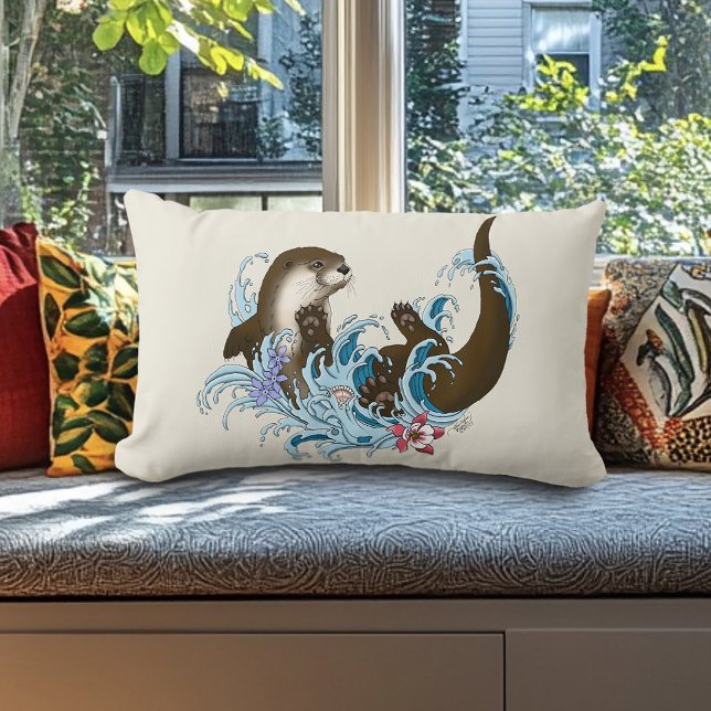 Playful Blue Whimsical River Otter Splash Cute Lumbar Cushion (Creator Uploaded)