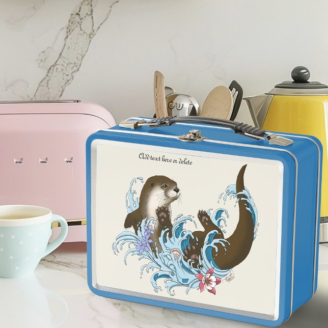 Playful Blue Whimsical River Otter Splash Cute Metal Lunch Box (Creator Uploaded)
