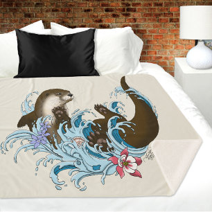 Playful Blue Whimsical River Otter Splash Cute Sherpa Blanket