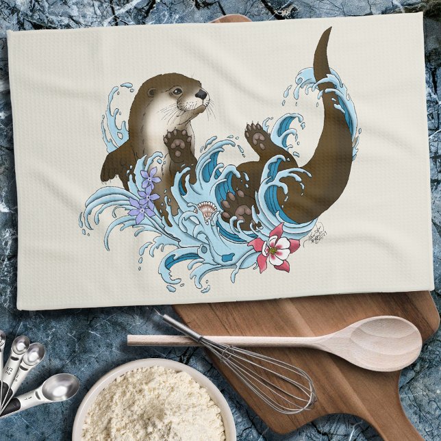 Playful Blue Whimsical River Otter Splash Cute Tea Towel (Creator Uploaded)