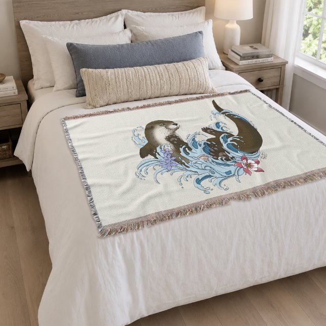 Playful Blue Whimsical River Otter Splash Cute Throw Blanket (Creator Uploaded)
