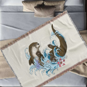 Playful Blue Whimsical River Otter Splash Cute Throw Blanket