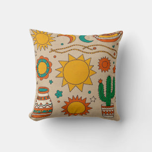 Playful Bohemian Patterns Hand-drawn suns, moons Cushion
