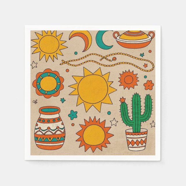 Playful Bohemian Patterns Hand-drawn suns, moons Napkin (Front)