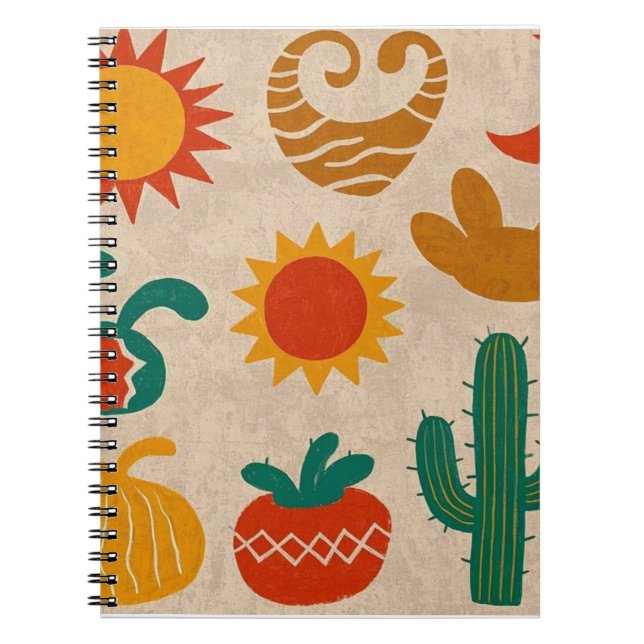 Playful Bohemian Patterns Hand-drawn suns, moons Notebook (Front)