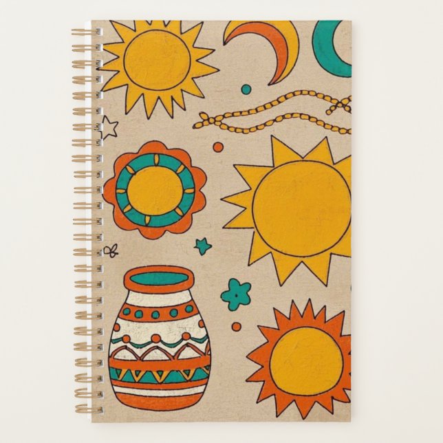 Playful Bohemian Patterns Hand-drawn suns, moons Planner (Front)