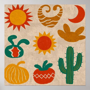 Playful Bohemian Patterns Hand-drawn suns, moons Poster