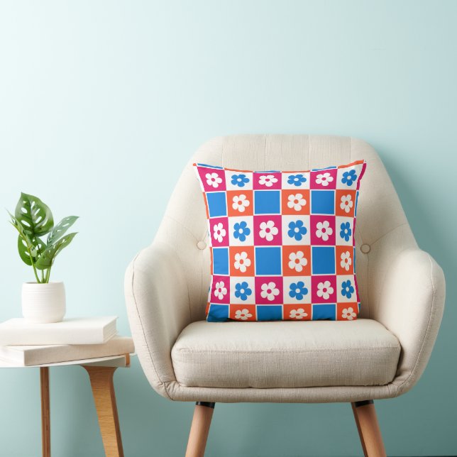 Playful Bold & Bright Blue Pink Orange Retro Cushion (Chair)