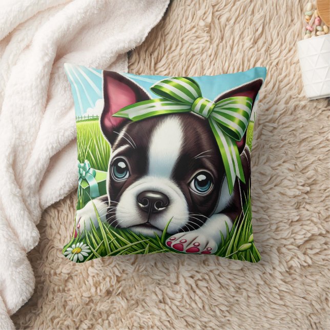 Playful Boston Terrier Puppy with Green Bow Cushion (Blanket)