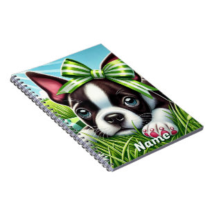 Playful Boston Terrier Puppy with Green Bow Notebook