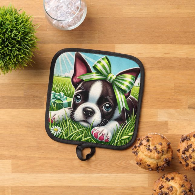 Playful Boston Terrier Puppy with Green Bow Pot Holder (Top Down)