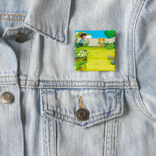 Playful Boy Running in a Lush Green Backyard  15 Cm Square Badge