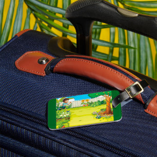 Playful Boy Running in a Lush Green Backyard Luggage Tag