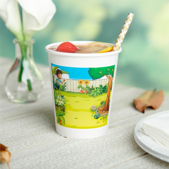 Playful Boy Running in a Lush Green Backyard  Paper Cups (Creator Uploaded)