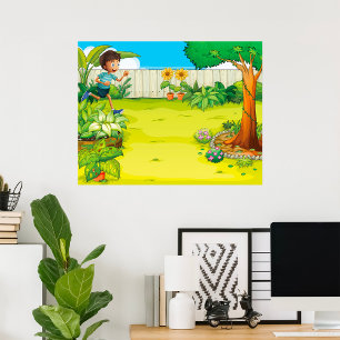 Playful Boy Running in a Lush Green Backyard  Poster