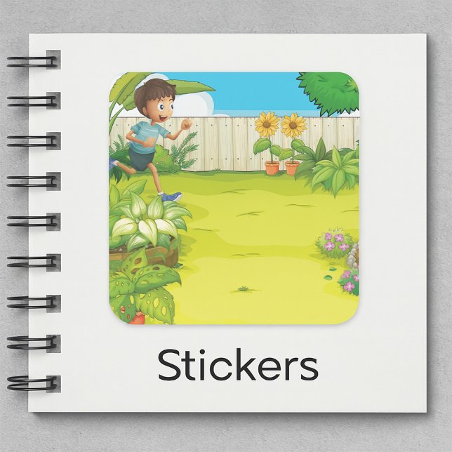 Playful Boy Running in a Lush Green Backyard  Square Sticker (Creator Uploaded)
