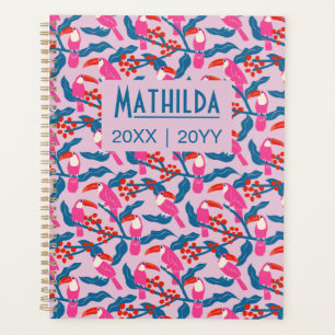 Playful bright pink toucans planner