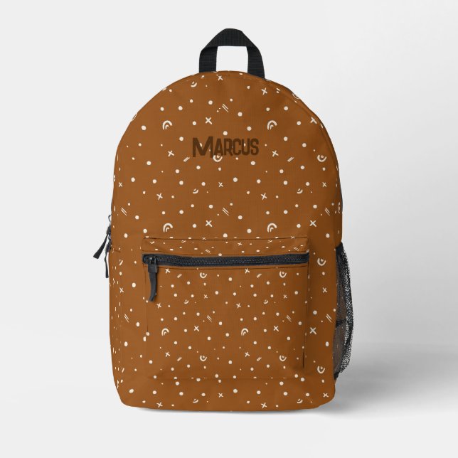 Playful brown boho shapes with name printed backpack (Front)