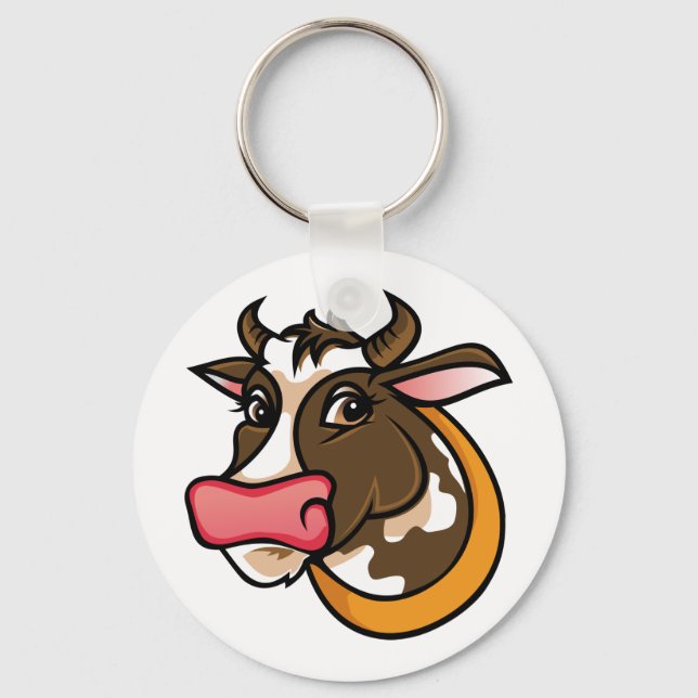 Playful Brown Cow Head with Pink Nose Key Ring (Front)