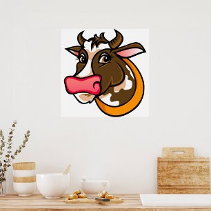 Playful Brown Cow Head with Pink Nose Poster