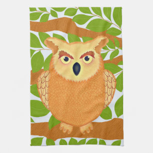 Playful Brown Owl Bird Woodland Illustration Tea Towel