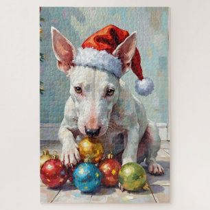 Playful Bull Terrier Dog Guarding Christmas Jigsaw Puzzle