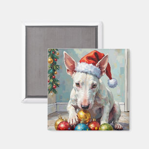 Playful Bull Terrier Dog Guarding Christmas Magnet