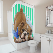Playful Bulldog and Butterfly Shower Curtain