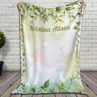Playful Bunnies and Elephant with Greenery Leaves Sherpa Blanket