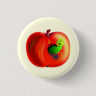 Playful Button with Happy Worm In Red Apple Fun