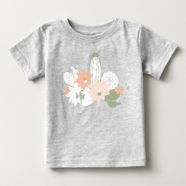 Playful Cacti Cactus Peach Green Floral Motifs Baby T-Shirt (Front)