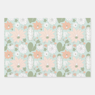 Playful Cacti Peach Green Floral Print Wrapping Paper Sheet