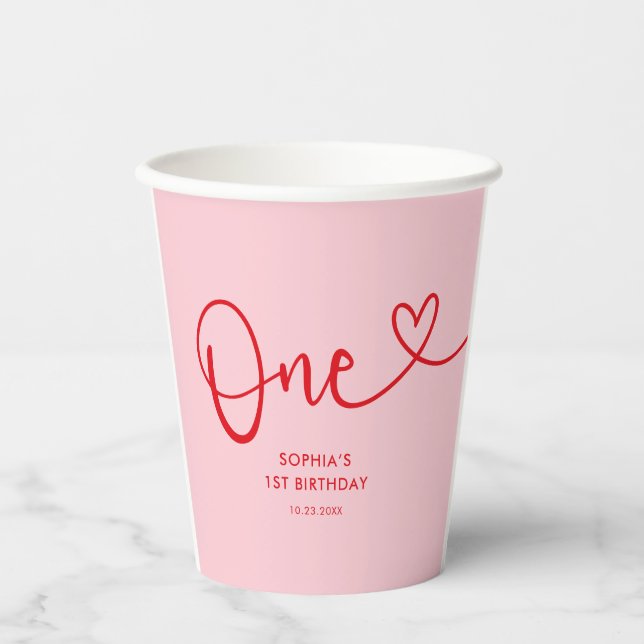 Playful Calligraphy Pink Red 1st Birthday Paper Cups (Front)