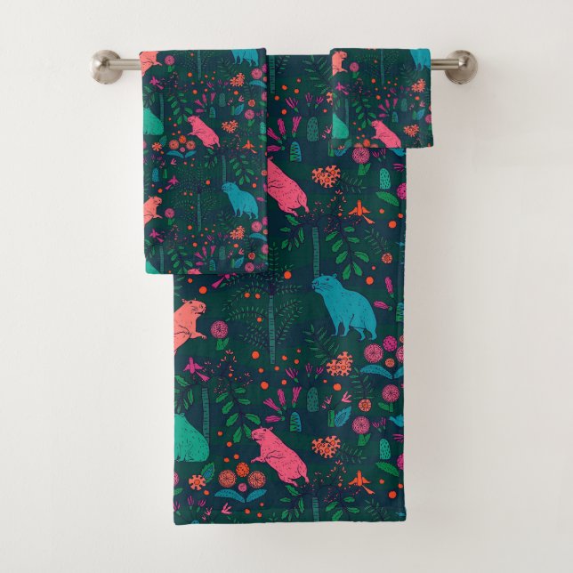 Playful Capybara in the Forest – Tropical Seamless Bath Towel Set (Insitu)