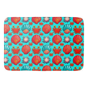 Playful Cartoon Crabs and Seashells Pattern Bath Mat