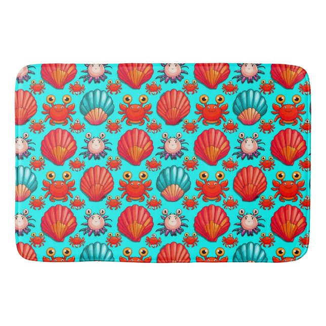 Playful Cartoon Crabs and Seashells Pattern Bath Mat (Front)