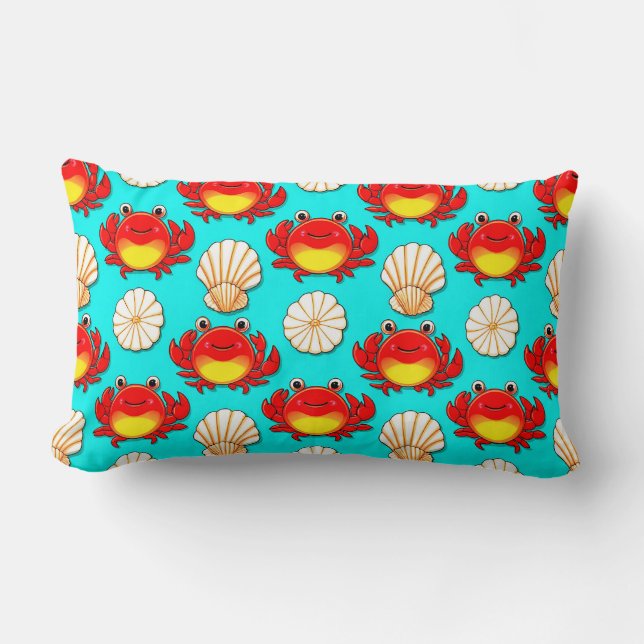 Playful Cartoon Crabs and Seashells Pattern Lumbar Cushion (Front)