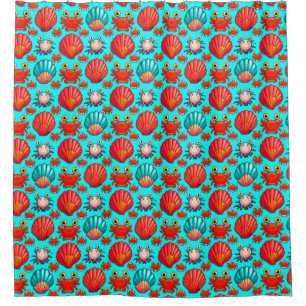 Playful Cartoon Crabs and Seashells Pattern Shower Curtain