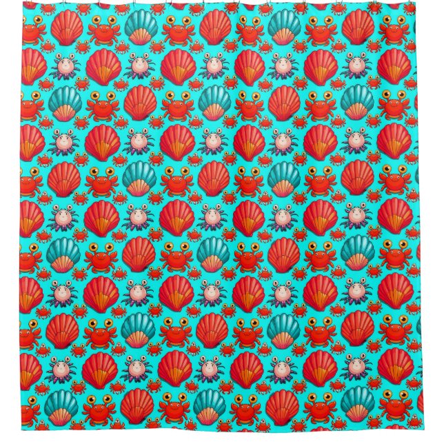 Playful Cartoon Crabs and Seashells Pattern Shower Curtain (Front)