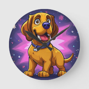 Playful Cartoon Dog with Vibrant Colours Round Clock