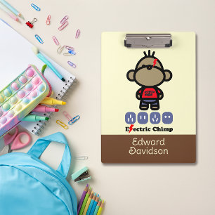 Playful Cartoon Electric Monkey Custom Name Clipboard