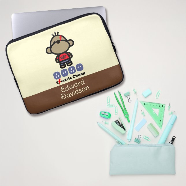Playful Cartoon Electric Monkey Custom Name Laptop Sleeve (Creator Uploaded)