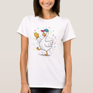 Playful Cartoon Goose Baseball Cap Glove Doodle T-Shirt